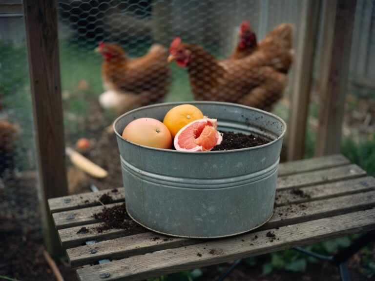Orange and grapefruit peels in a galvanized compost caddy on a garden bench, a chicken run behind