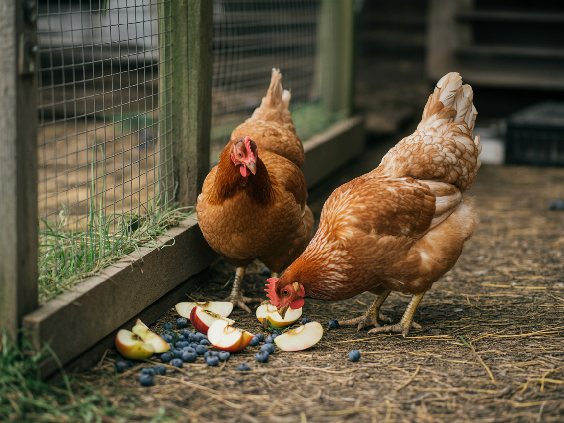 Hens pecking at blueberries and chopped apple scattered on straw in a run