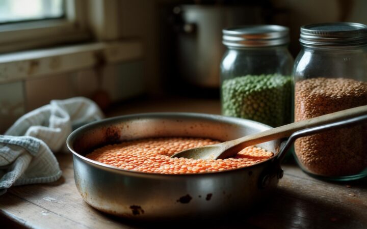 A pot of cooked red lentils cooling beside glass jars of dried split peas and lentils on a kitchen counter