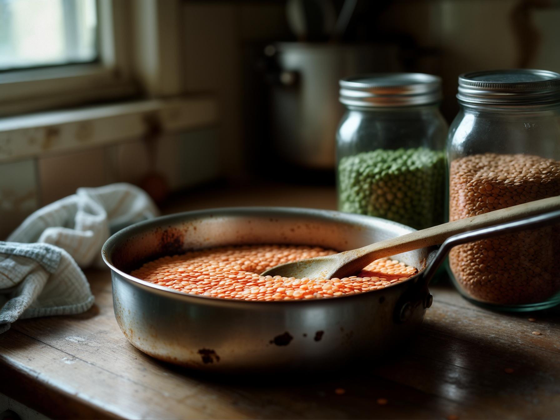 A pot of cooked red lentils cooling beside glass jars of dried split peas and lentils on a kitchen counter