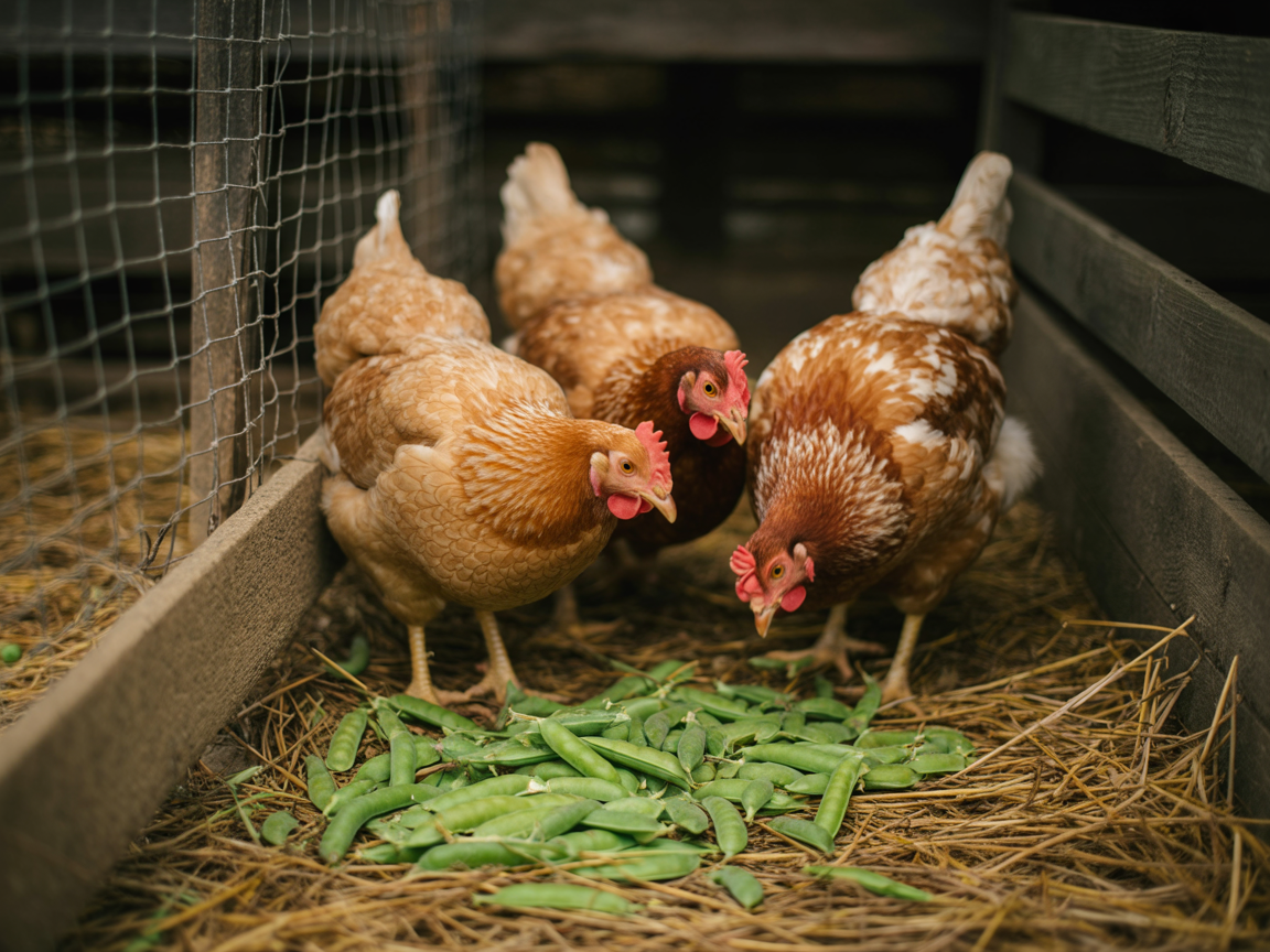Hens pecking at fresh green peas and split pea pods on straw in a backyard run