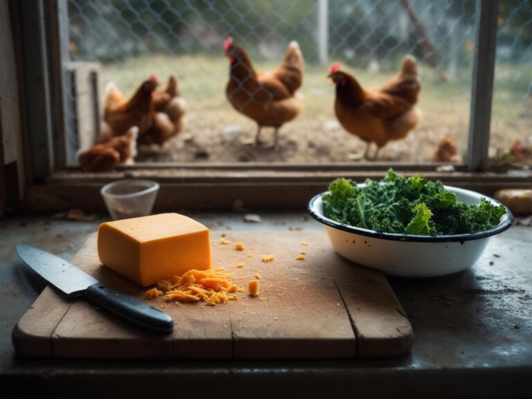 A block of sharp cheddar on a kitchen cutting board beside a bowl of chopped greens, with a chicken run out of focus through the window