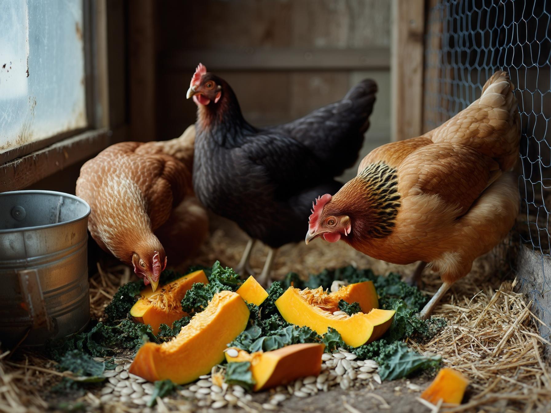 Brown and black hens eating chopped kale and pumpkin scattered on straw in a backyard run