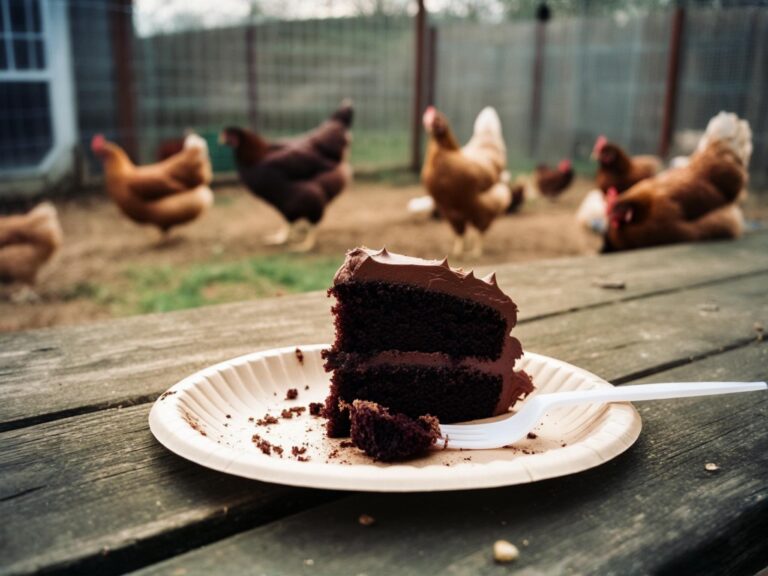A slice of chocolate layer cake on a paper plate on a garden table, with hens shut in their run in the background