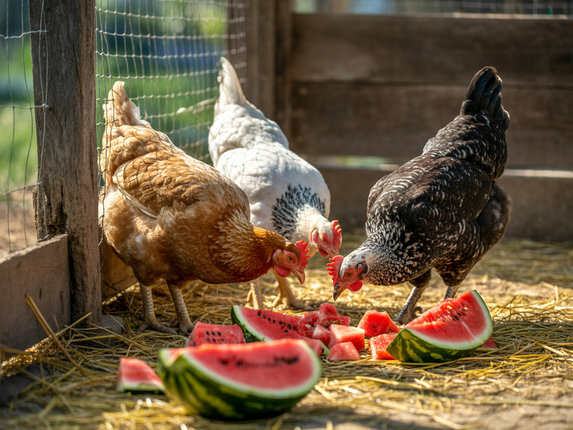 Hens eating chopped watermelon on straw in a backyard run