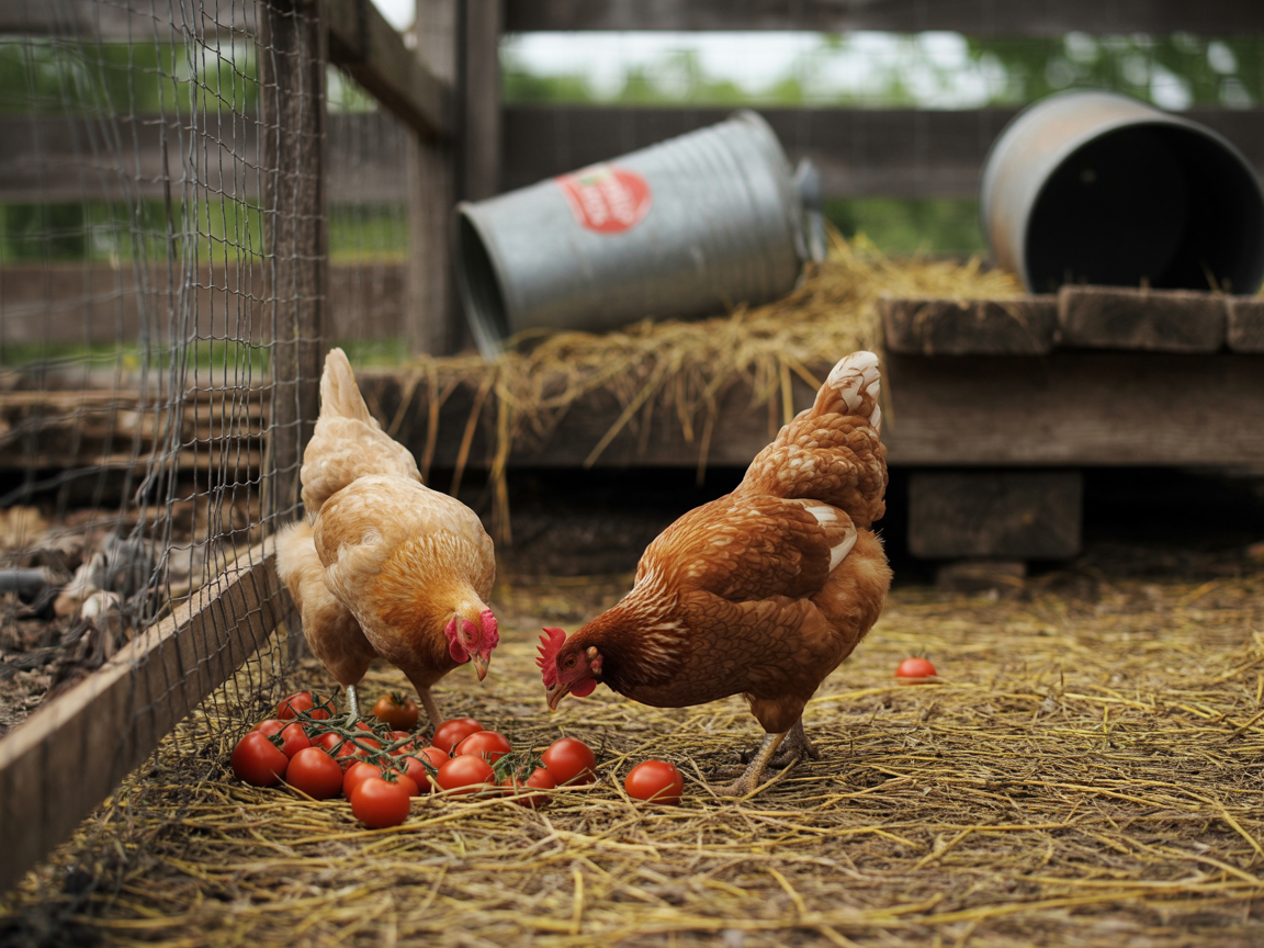 Two brown hens pecking at chopped ripe tomatoes scattered on straw in a backyard run