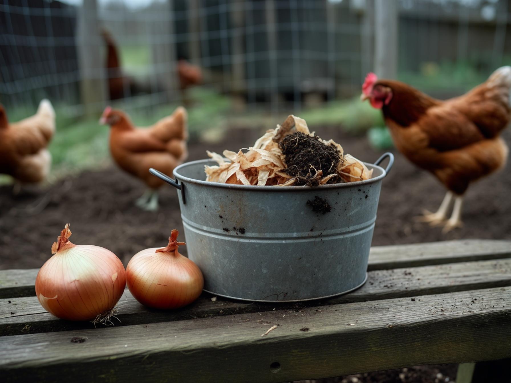 Whole onions and papery onion skins going into a kitchen compost caddy, with a chicken run behind
