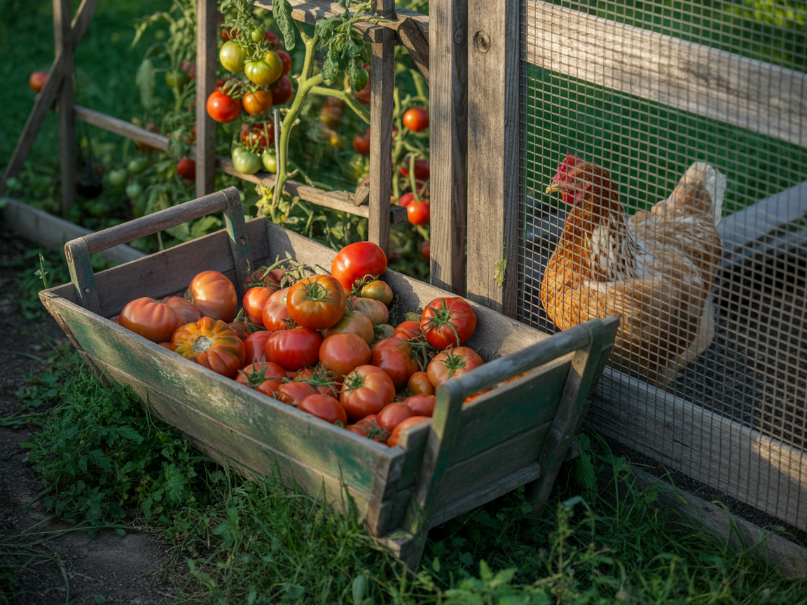 A trug of ripe and split garden tomatoes beside a chicken run, with a hen watching