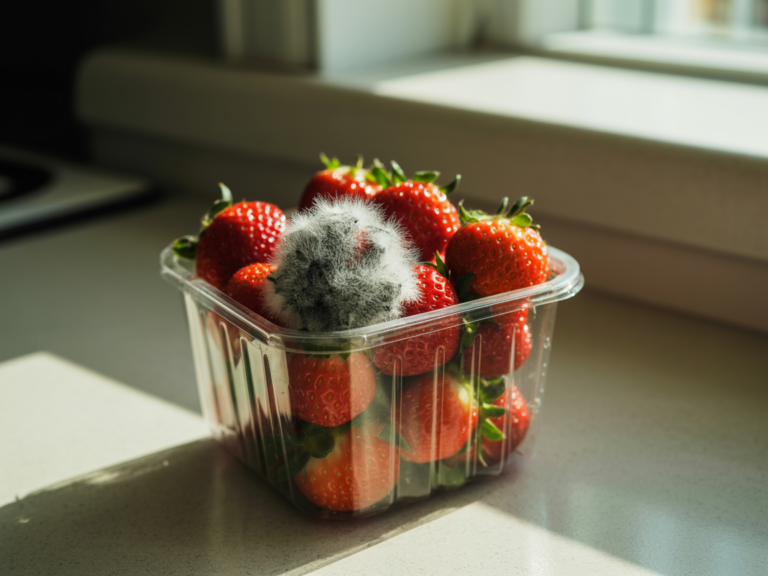 A container of strawberries with one moldy, fuzzy berry among them, on a kitchen counter