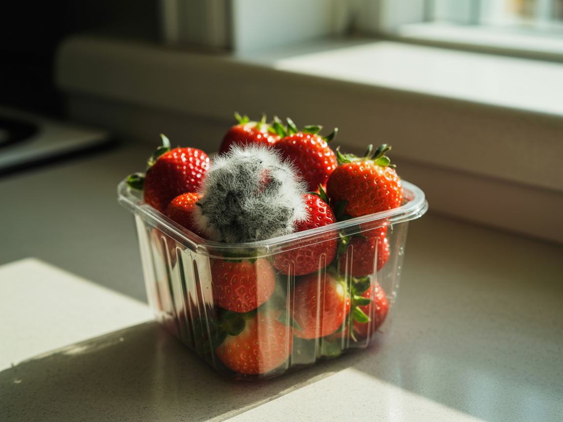 A container of strawberries with one moldy, fuzzy berry among them, on a kitchen counter