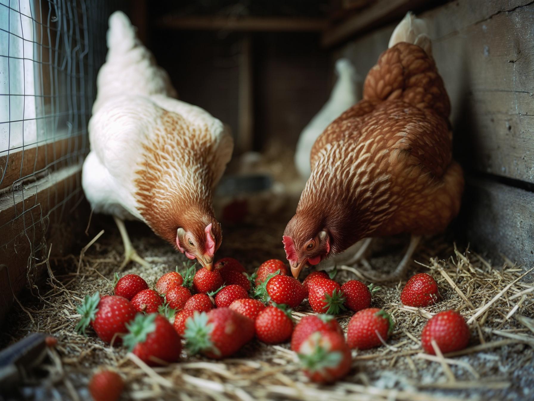 Two hens pecking at fresh halved strawberries on straw in a backyard run