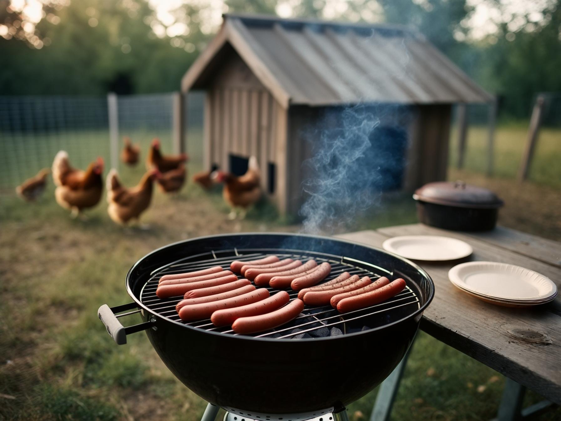Grilled hot dogs on a backyard charcoal grill with a chicken run fenced off in the background