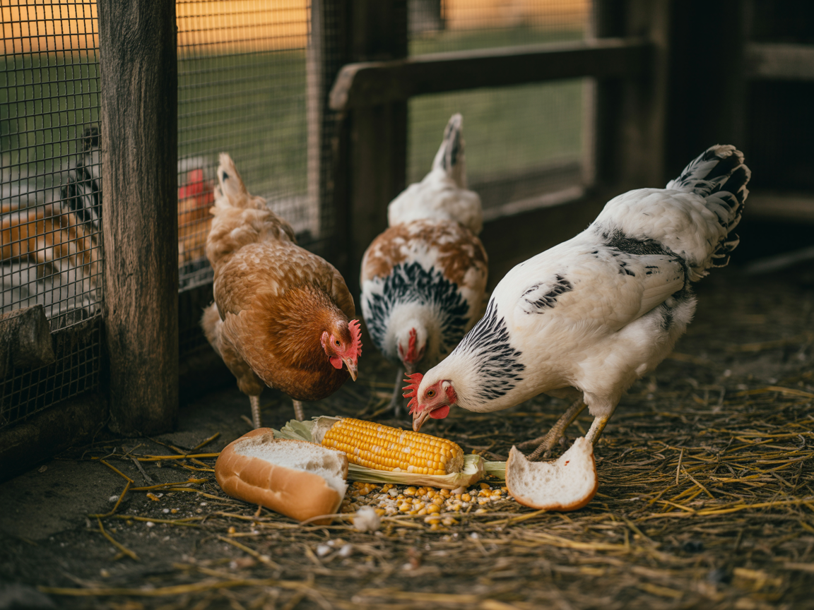 Hens eating torn pieces of plain bread bun and a chewed corn cob in a run