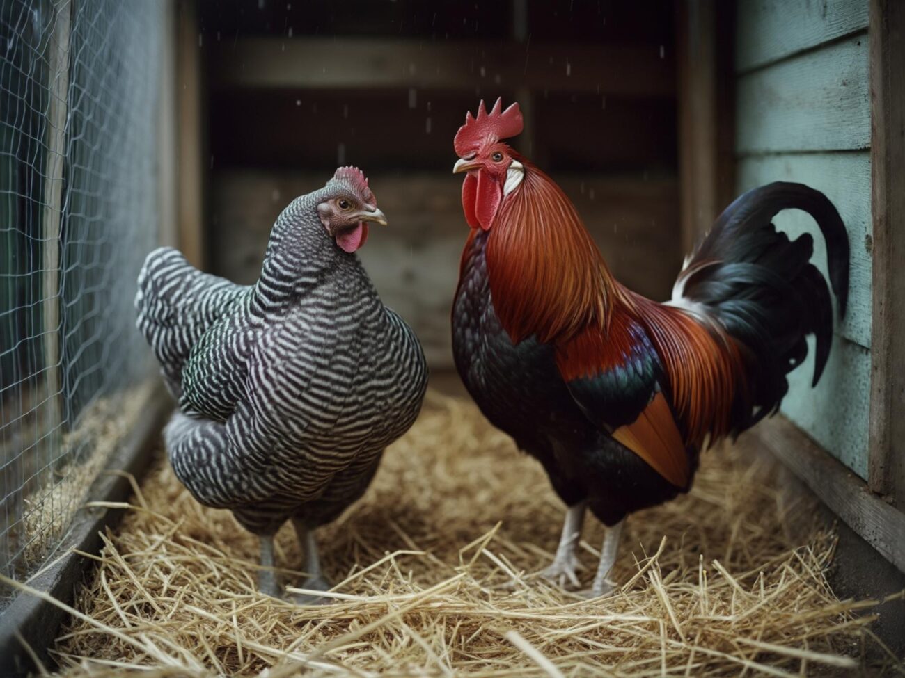 A black-and-white barred hen and a deep red rooster together in a backyard run