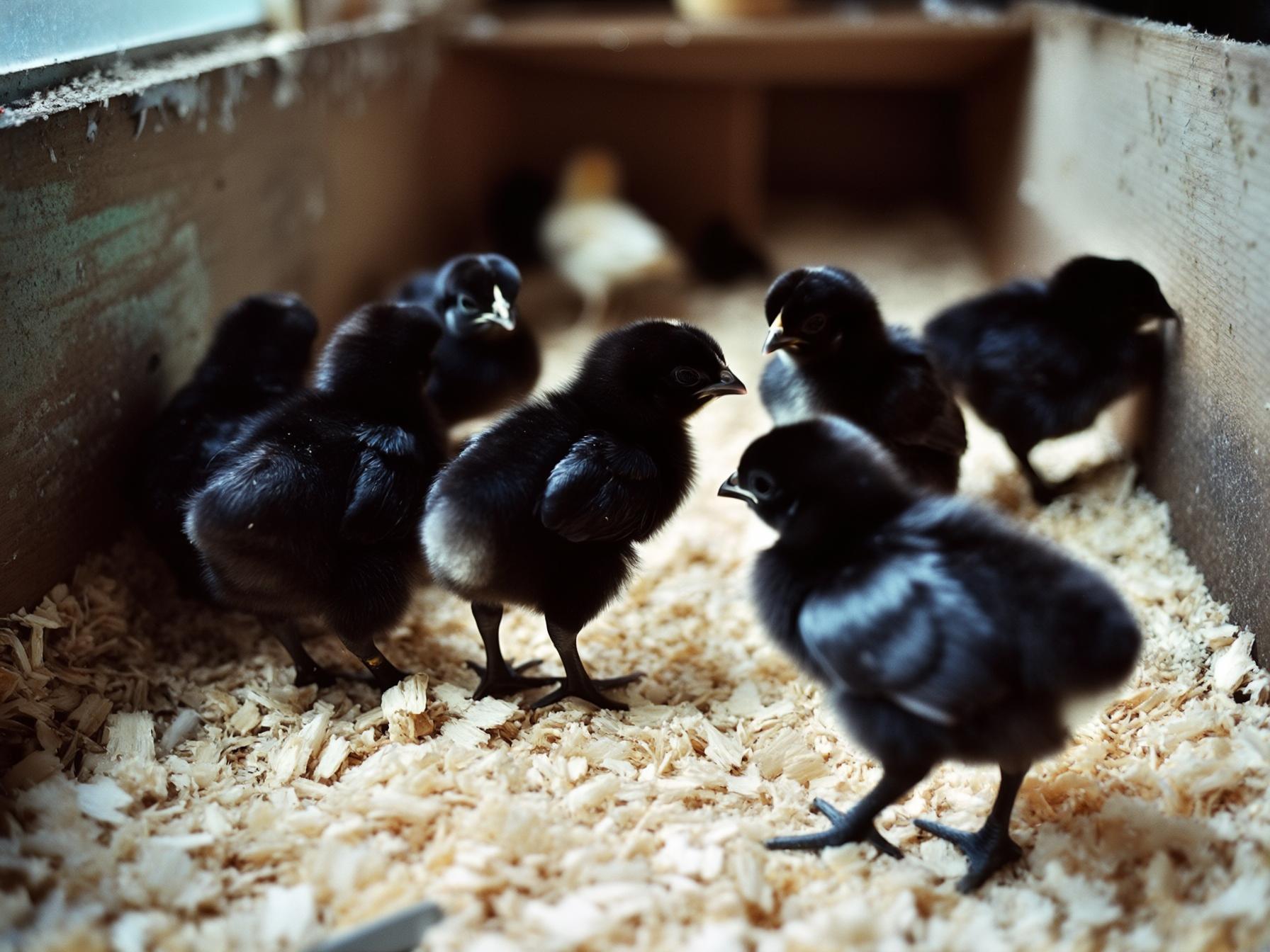 All-black day-old chicks in a brooder, a few with a small white spot on top of the head