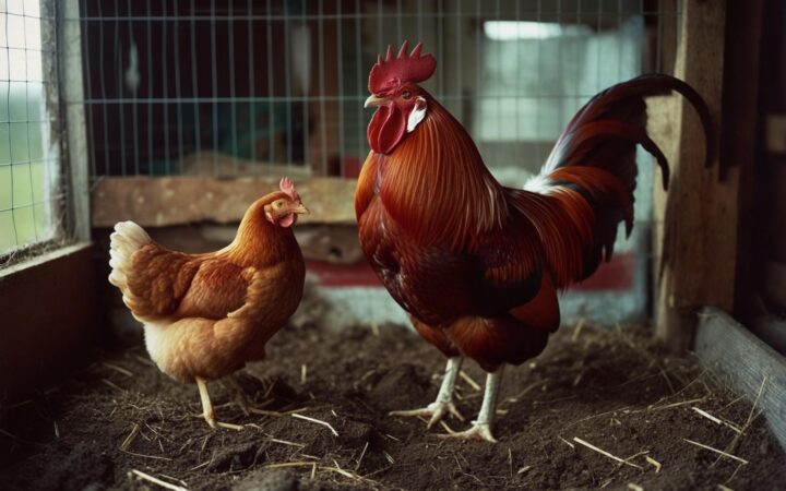 A Rhode Island Red rooster with a tall red comb and long curved tail feathers beside a smaller Rhode Island Red hen in a backyard run