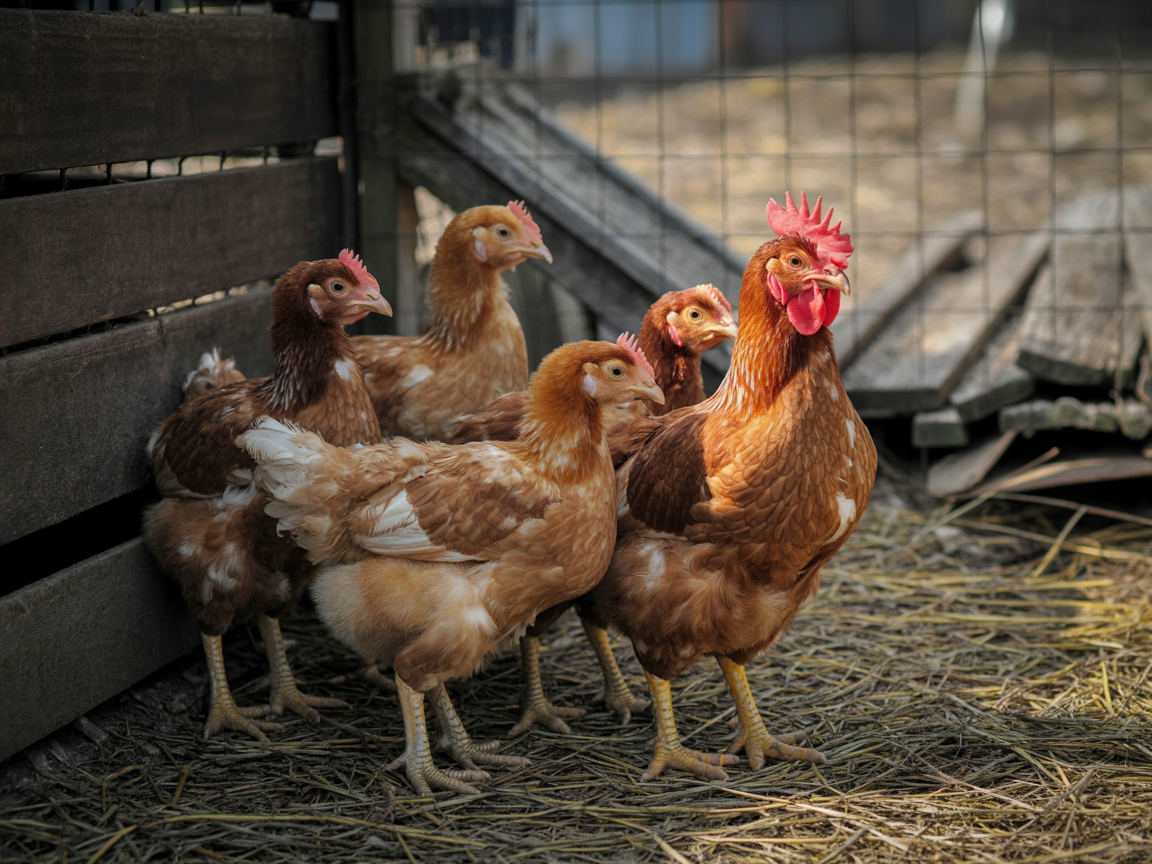 A group of young Rhode Island Red chickens where one cockerel's comb and wattles are larger and redder than his sisters'
