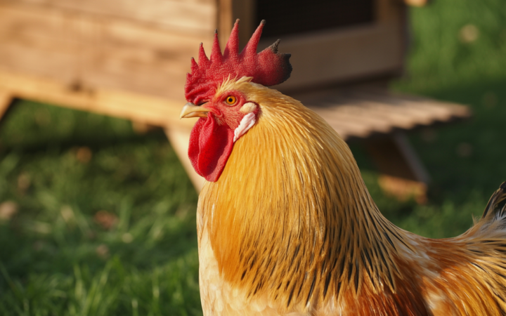 Close view of a golden Buff Orpington rooster's head and neck, with long, narrow, pointed hackle feathers
