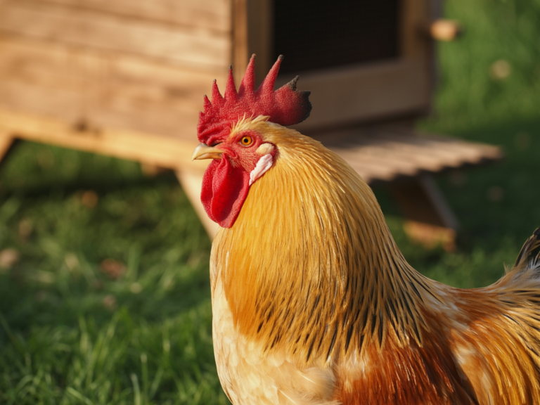 Close view of a golden Buff Orpington rooster's head and neck, with long, narrow, pointed hackle feathers