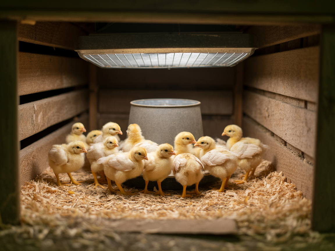 A brooder full of yellow day-old Buff Orpington chicks that all look alike