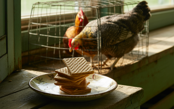 Honey graham crackers on a plate on a porch step, with hens in a wire run behind