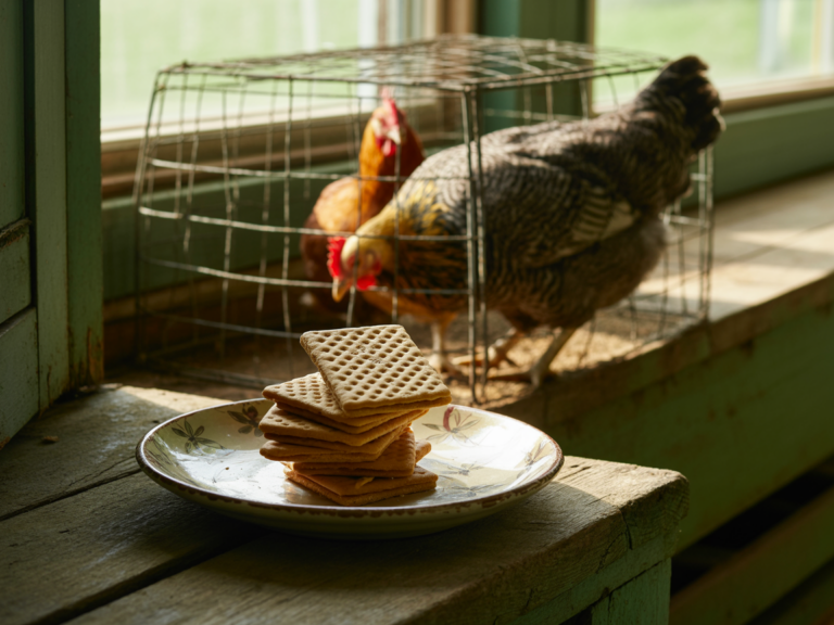 Honey graham crackers on a plate on a porch step, with hens in a wire run behind