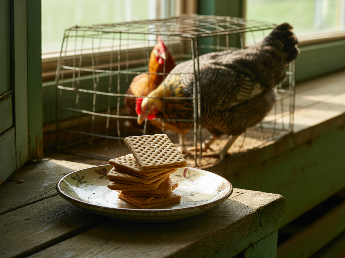 Honey graham crackers on a plate on a porch step, with hens in a wire run behind