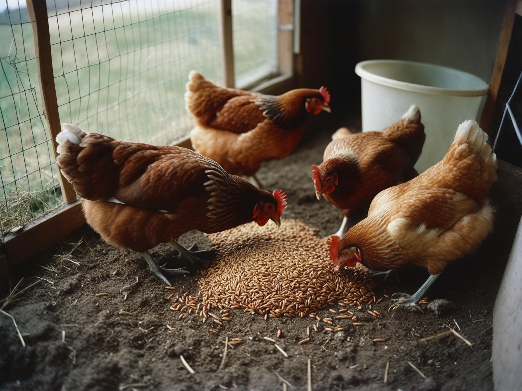 Hens pecking at scratch grains and dried mealworms scattered on the ground