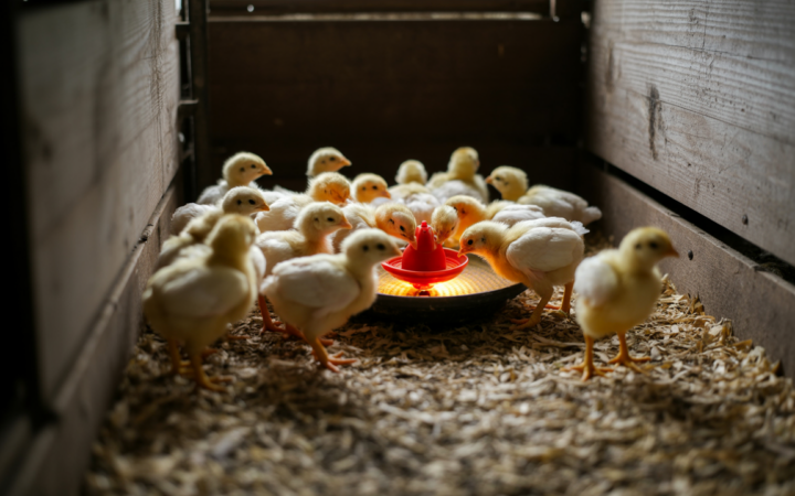 Pale yellow day-old chicks gathered around a feeder in a brooder