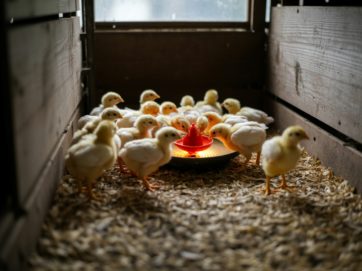 Pale yellow day-old chicks gathered around a feeder in a brooder