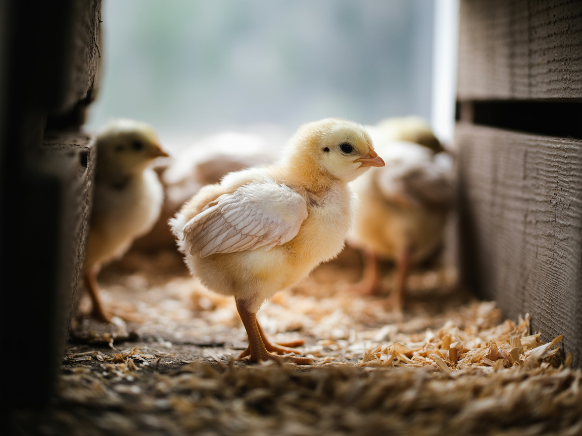 A day-old white chick on pine shavings with its tiny wing feathers showing