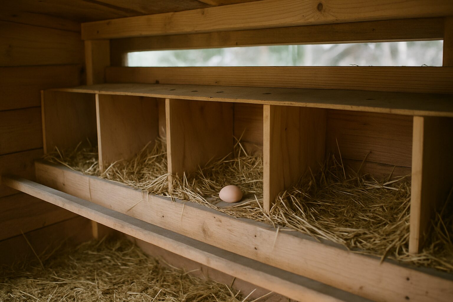 Nest boxes done properly — clean straw, real ventilation