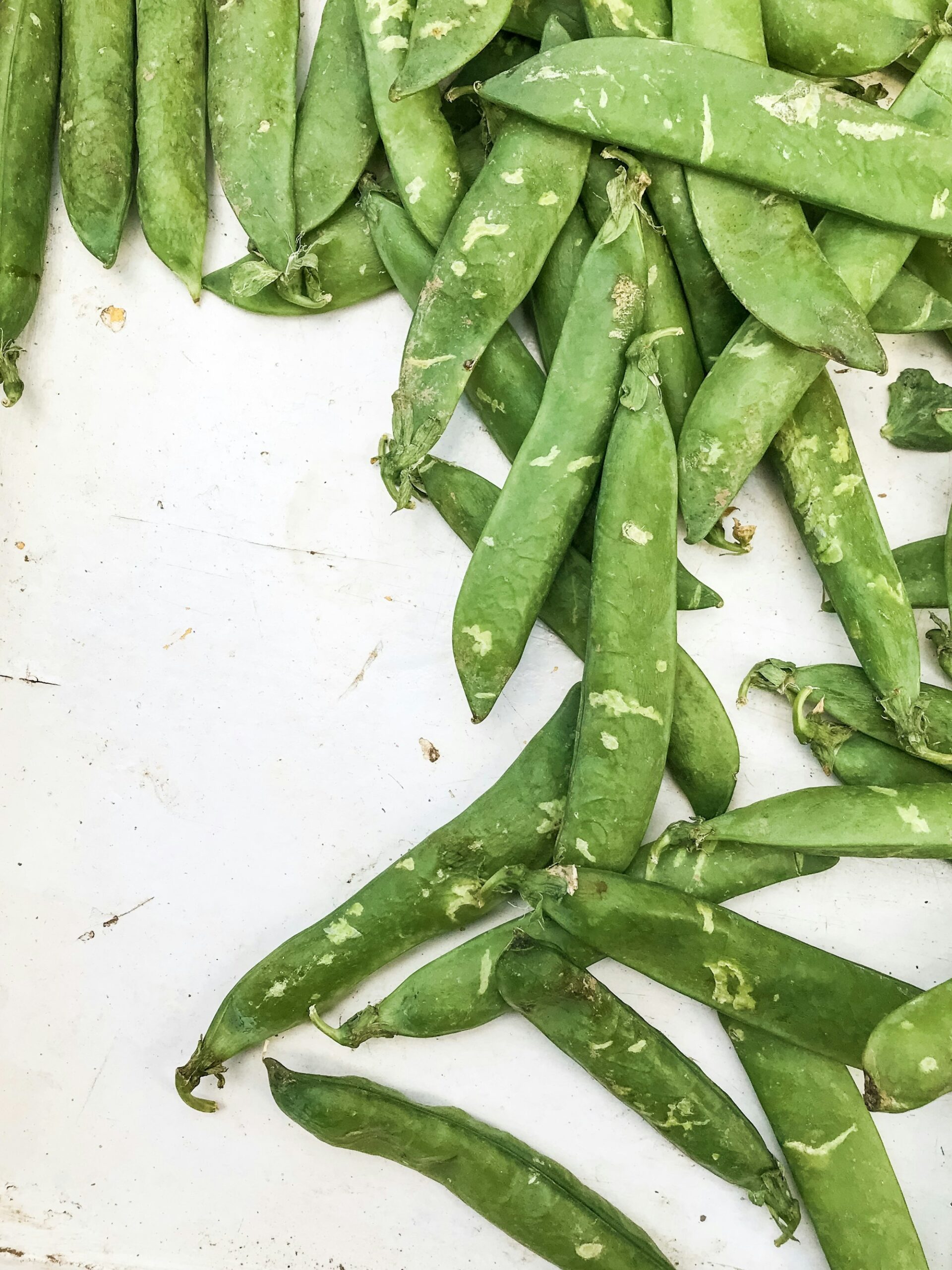 A pile of fresh green pea pods with their stems on, spread on a white table