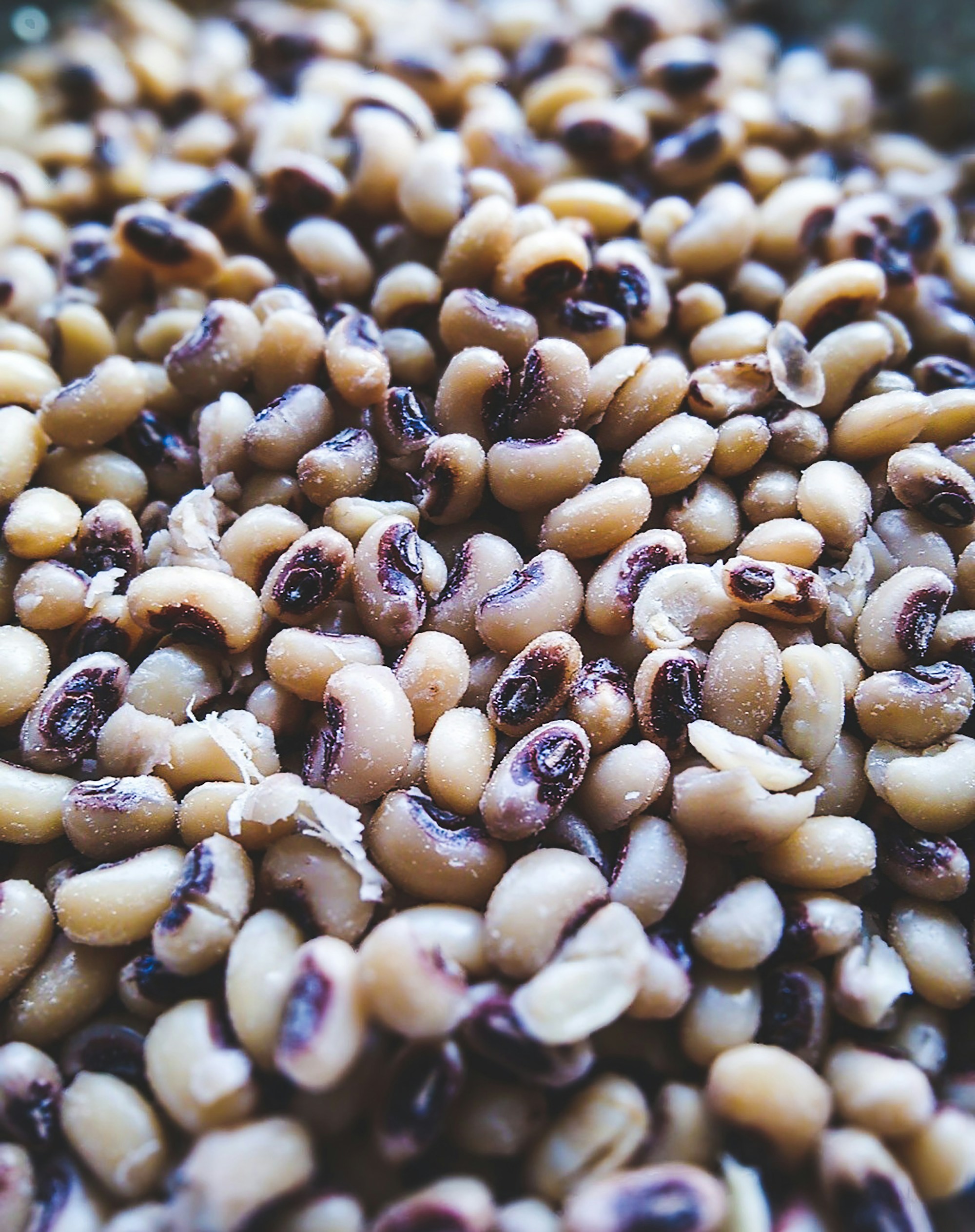 A close heap of cream black-eyed peas, each with its dark purple-black eye, a few loose papery skins among them